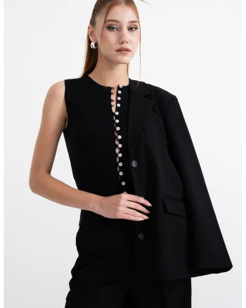 Bluza cu nasturi, fara maneci, Negru
