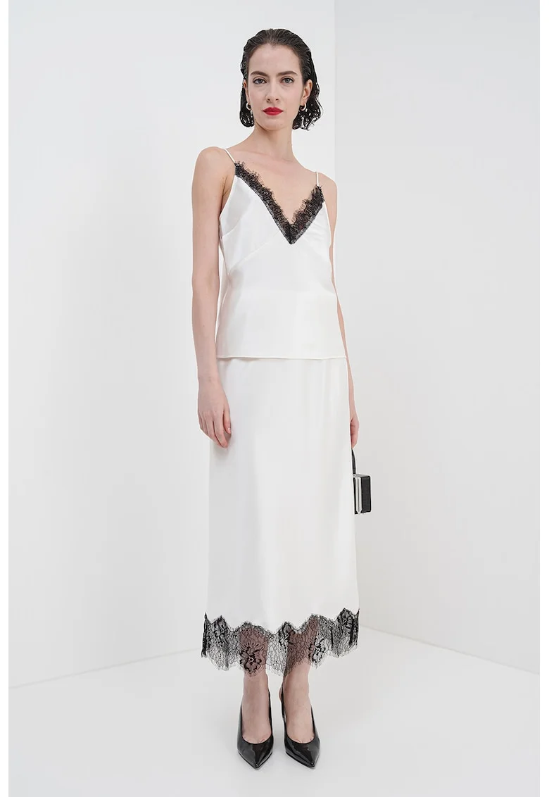 Fusta midi cu aspect de satin si terminatie cu dantela, Alb fildes/Negru