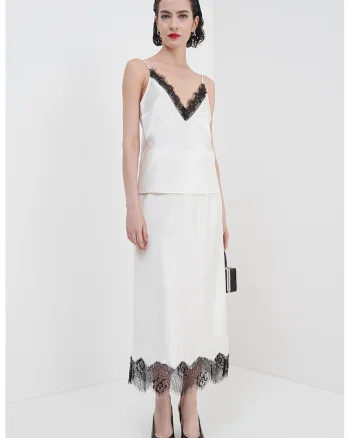 Fusta midi cu aspect de satin si terminatie cu dantela, Alb fildes/Negru