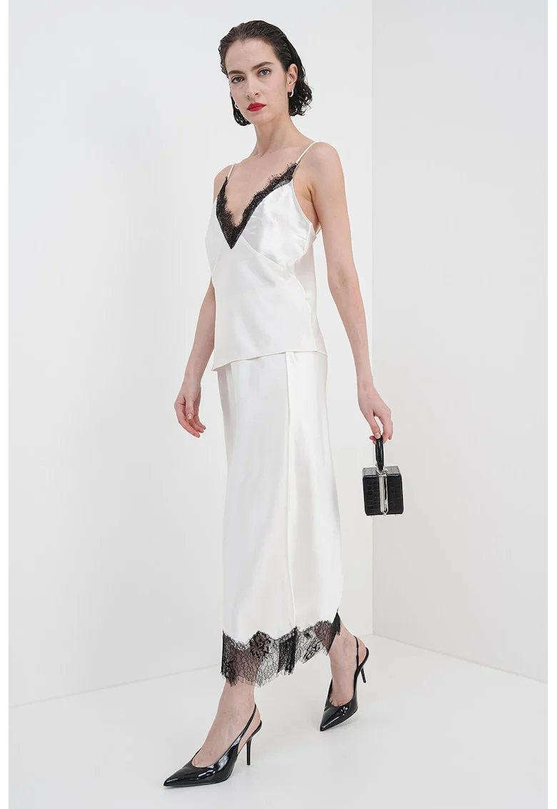 Bluza cu aspect de satin si captuseala din dantela, Alb fildes/Negru