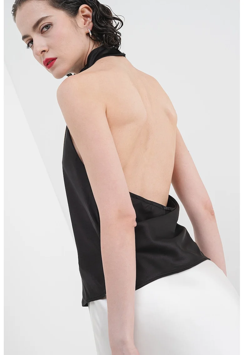 Bluza de satin cu decupaj pe partea din spate, fara maneci, Negru