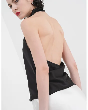 Bluza de satin cu decupaj pe partea din spate, fara maneci, Negru