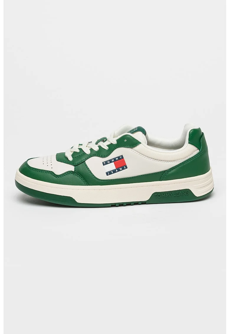 Pantofi sport din piele cu garnituri contrastante, Alb/Verde/Gri deschis