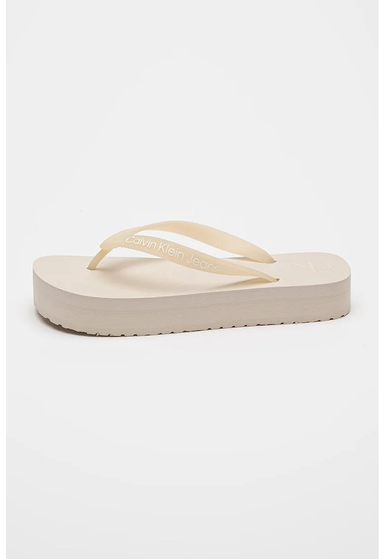 Papuci flip-flop cu talpa flatform si detaliu logo, Bej deschis