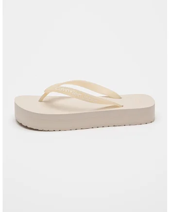 Papuci flip-flop cu talpa flatform si detaliu logo, Bej deschis