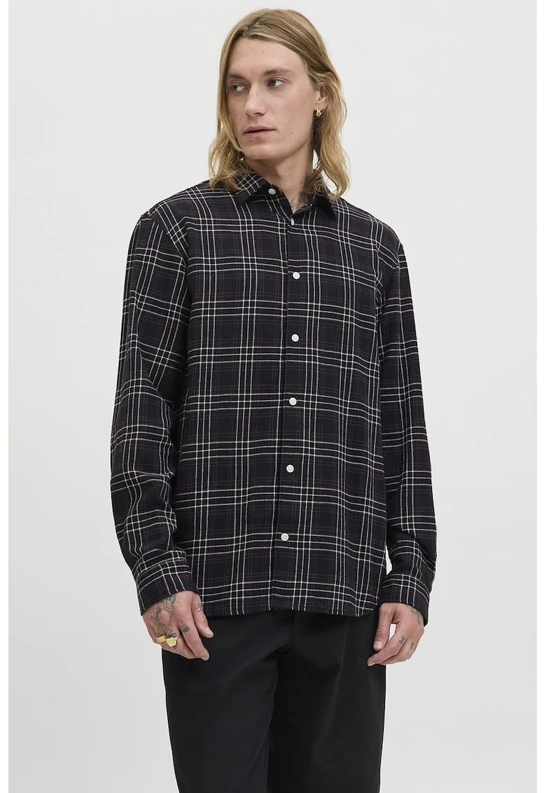 Camasa regular fit cu model in carouri, Alb/Negru