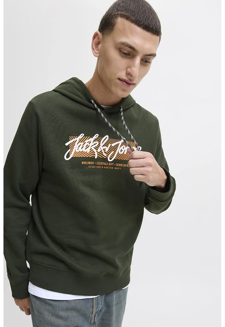 Hanorac cu imprimeu logo frontal, Verde inchis