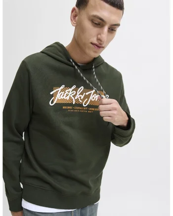 Hanorac cu imprimeu logo frontal, Verde inchis