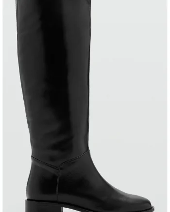 Cizme lungi de piele cu varf patrat, Negru