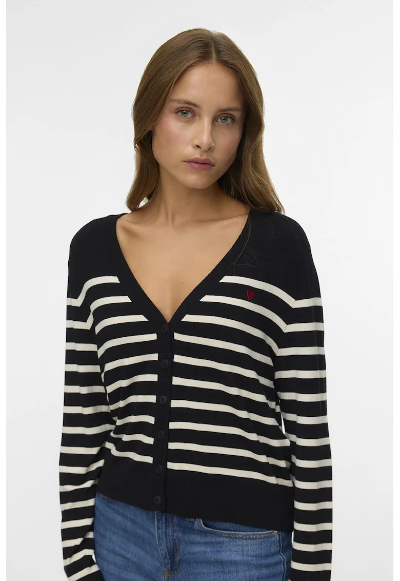 Cardigan cu decolteu in V si model in dungi, Alb/Negru