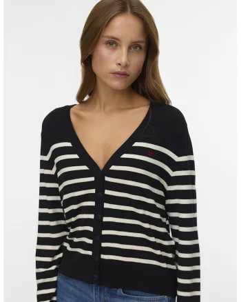 Cardigan cu decolteu in V si model in dungi, Alb/Negru