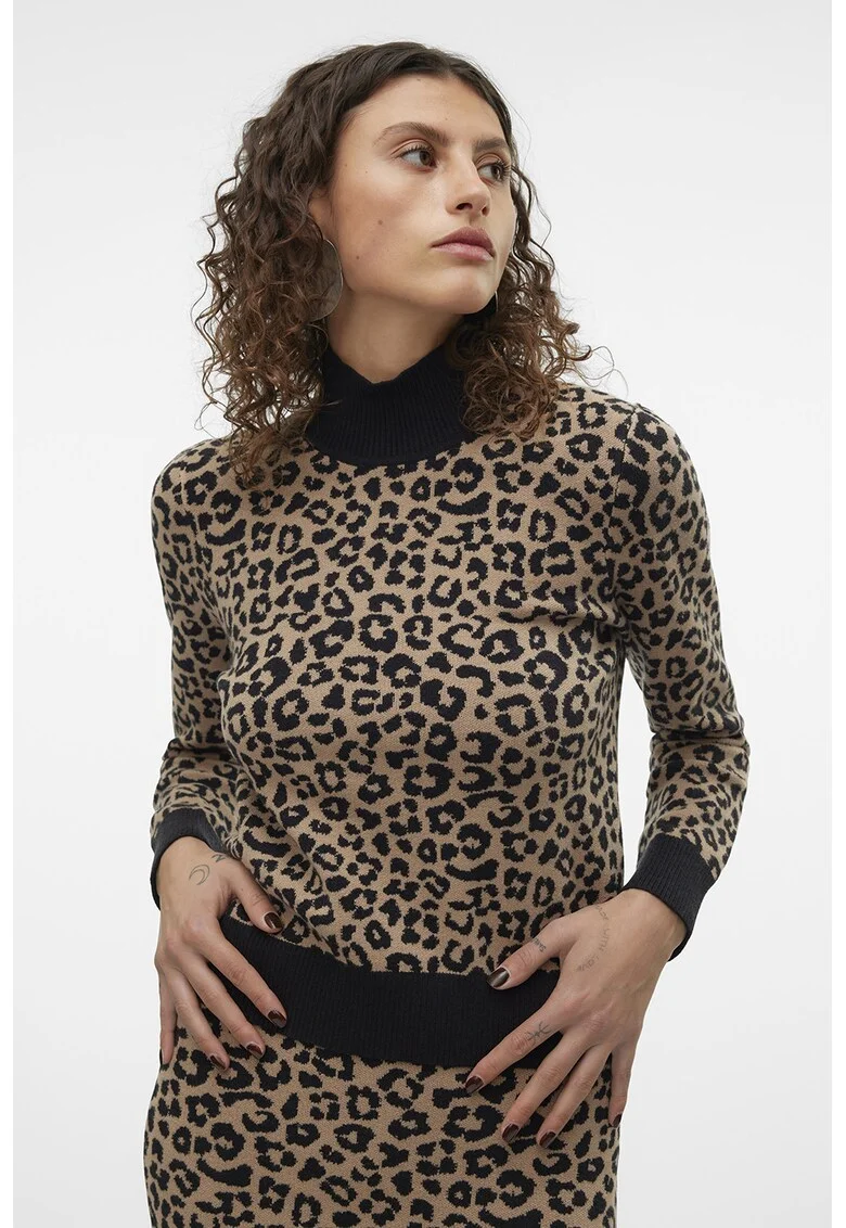 Pulover cu maneci lungi si model, Negru/Bej