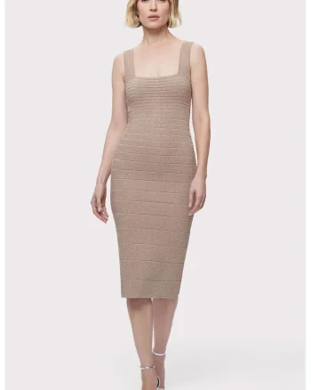 Rochie midi cu decolteu patrat, Crem