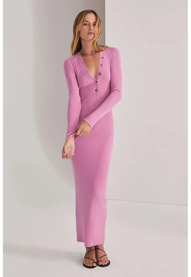 Rochie lunga din tricot cu maneci lungi si detalii din nasturi, Roz