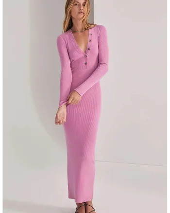 Rochie lunga din tricot cu maneci lungi si detalii din nasturi, Roz