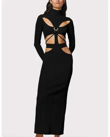 Rochie lunga cu guler inalt si cu decupaje, Negru