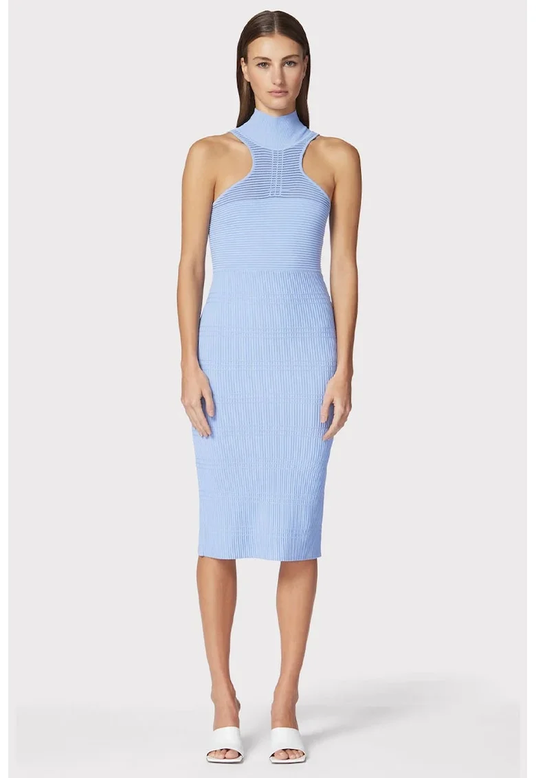 Rochie midi din tricot elastic, cu spate decupat, Albastru