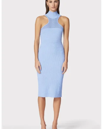 Rochie midi din tricot elastic, cu spate decupat, Albastru