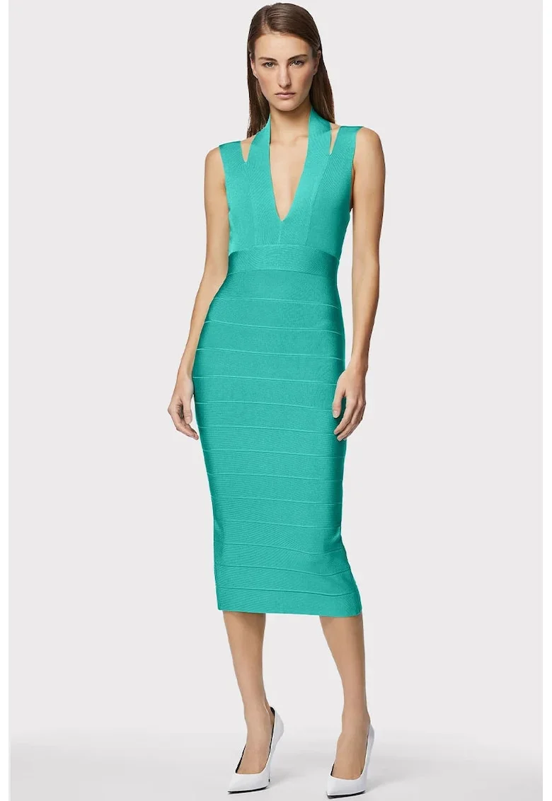 Rochie midi cu decolteu adanc in V, Verde