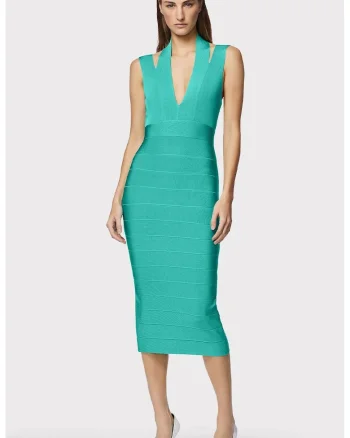 Rochie midi cu decolteu adanc in V, Verde