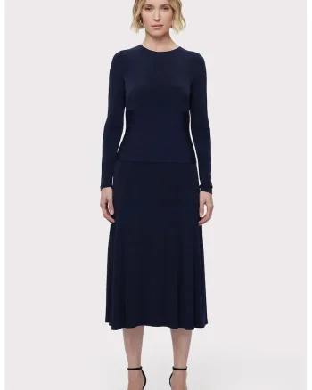 Rochie midi cu maneca lunga si inchidere la spate prin fermoar, Albastru inchis