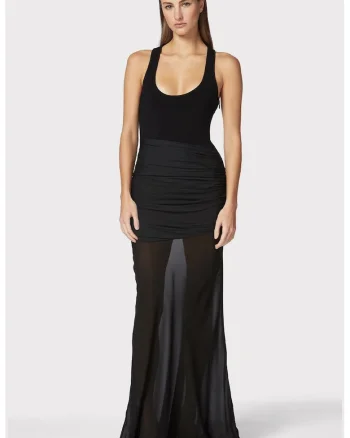 Rochie lunga, accentuata de o fusta semitransparenta si detalii drapate pe talie, Negru