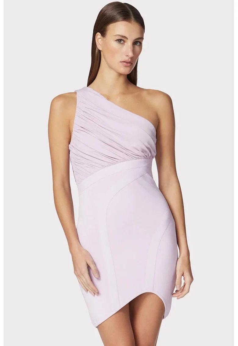 Rochie mini asimetrica, cu umarul gol si drapaj pe piept, Roz