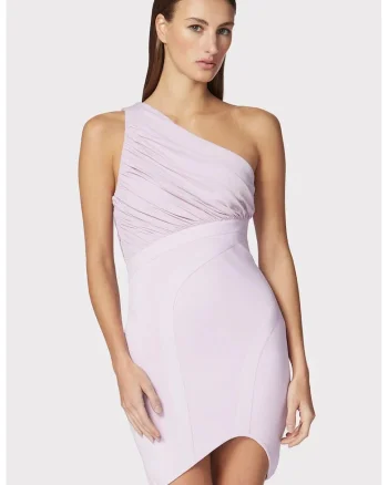Rochie mini asimetrica, cu umarul gol si drapaj pe piept, Roz