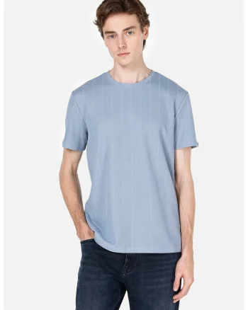 Tricou striat cu decolteu la baza gatului, Albastru pastel