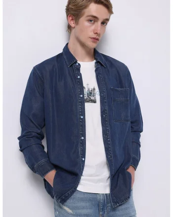 Camasa din material chambray cu guler clasic, Bleumarin