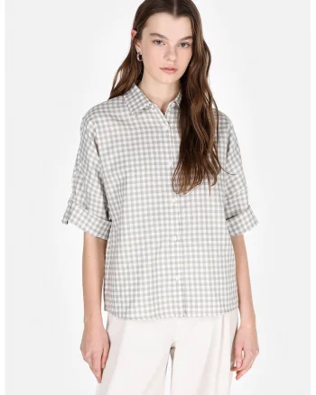 Camasa cu model gingham cu maneci medii, Alb/Verde feriga