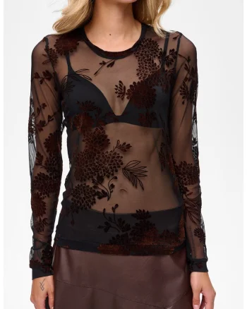 Bluza semitransparenta din tul cu motive florale Rea Chocolate