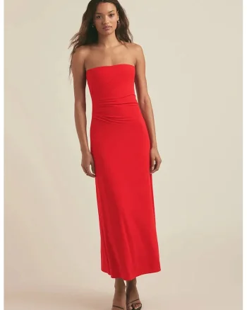 Rochie midi fara umeri cu drapaje, Rosu
