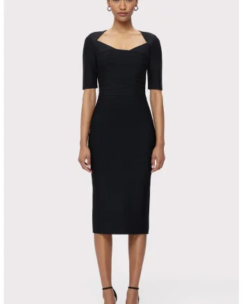Rochie midi cu umarul gol si efect de sculptare a siletei HL2, Negru