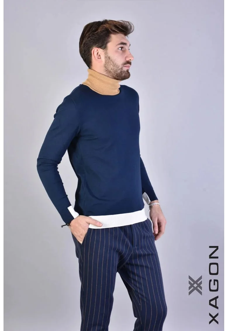 Bluza cu guler inalt barbateasca cu design modern in doua tonuri, Albastru