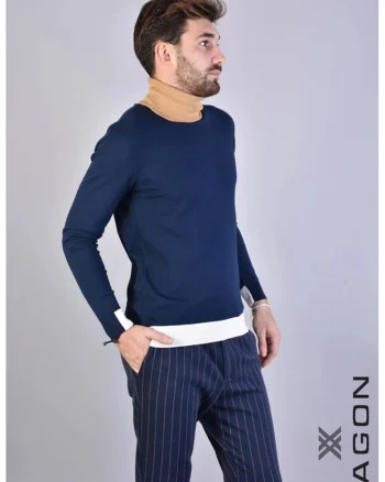 Bluza cu guler inalt barbateasca cu design modern in doua tonuri, Albastru