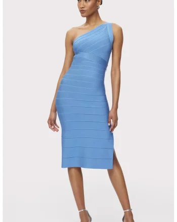Rochie midi cu umarul gol si efect de sculptare a siluetei, Albastru