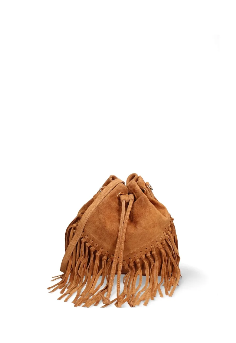 Geanta bucket din piele intoarsa Umbria Plus, Maro cognac