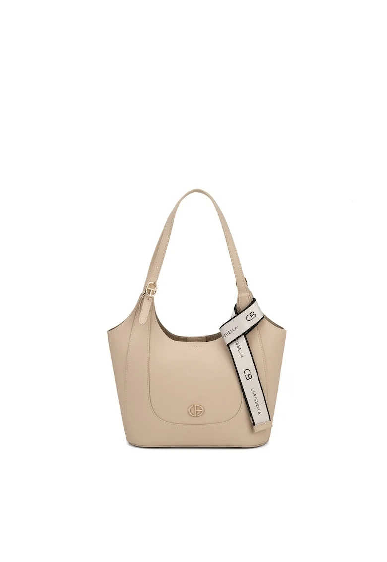 Geanta shopper din piele ecologica cu accesoriu logo, Maro
