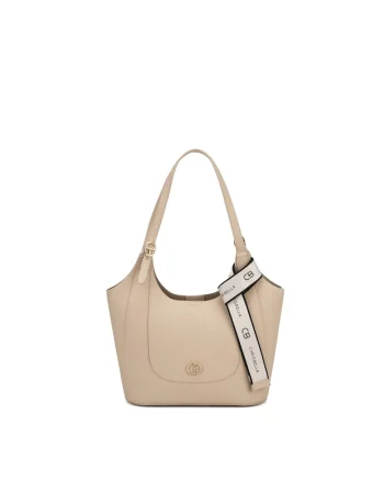 Geanta shopper din piele ecologica cu accesoriu logo, Maro