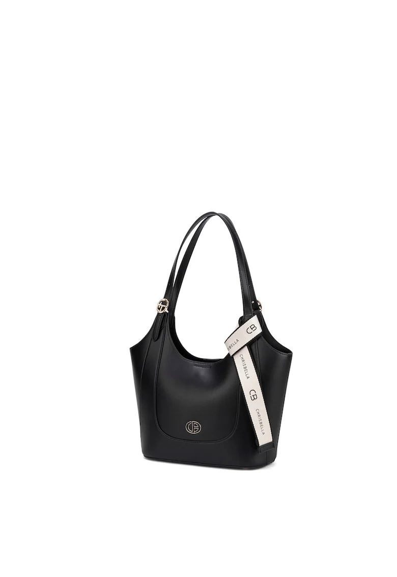 Geanta shopper din piele ecologica cu accesoriu logo, Negru