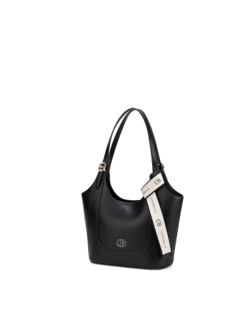 Geanta shopper din piele ecologica cu accesoriu logo, Negru