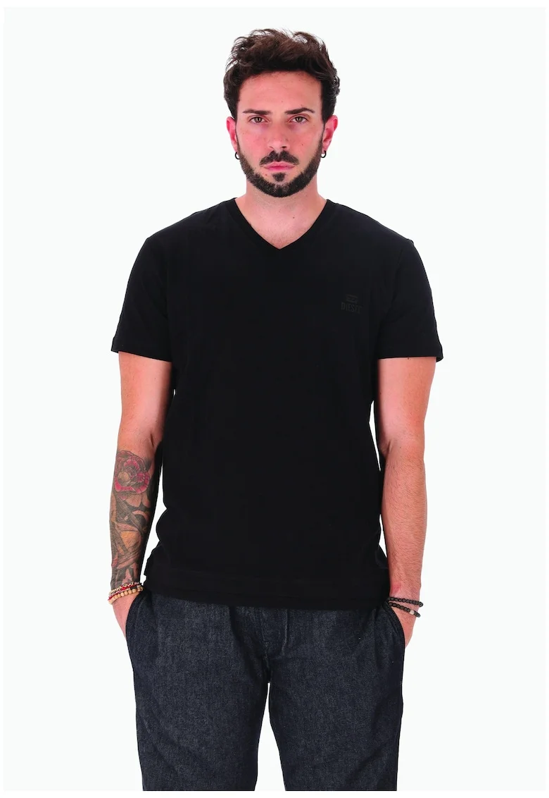 Tricou cu decolteu in V si logo discret, Negru