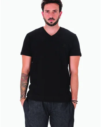 Tricou cu decolteu in V si logo discret, Negru