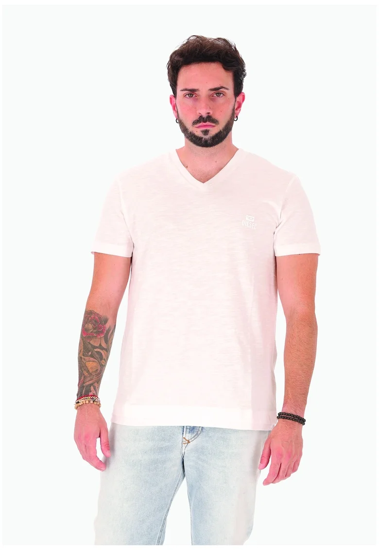 Tricou de bumbac cu decolteu in V, Alb