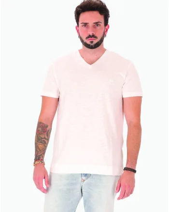 Tricou de bumbac cu decolteu in V, Alb