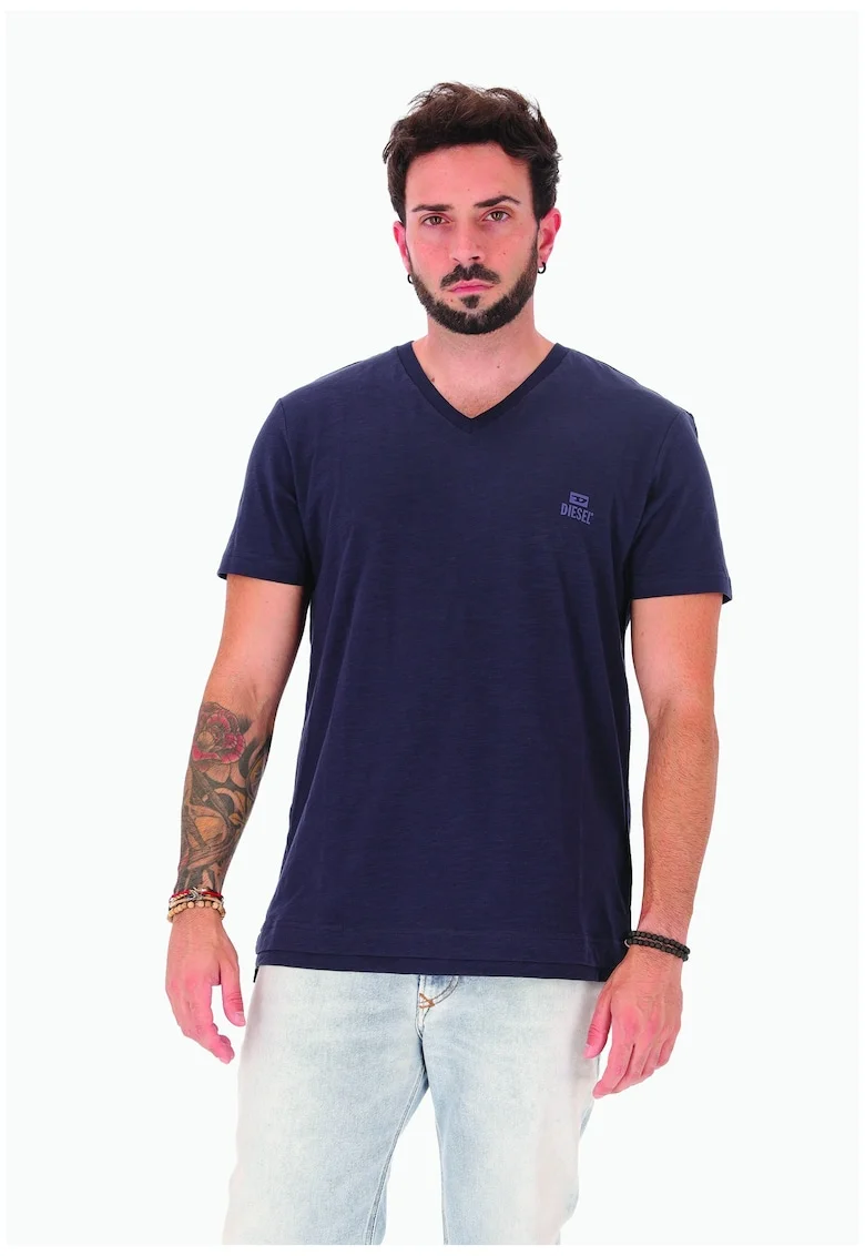 Tricou cu decolteu in V si logo discret, Albastru