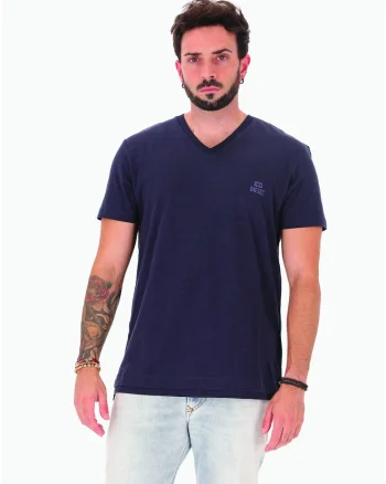 Tricou cu decolteu in V si logo discret, Albastru