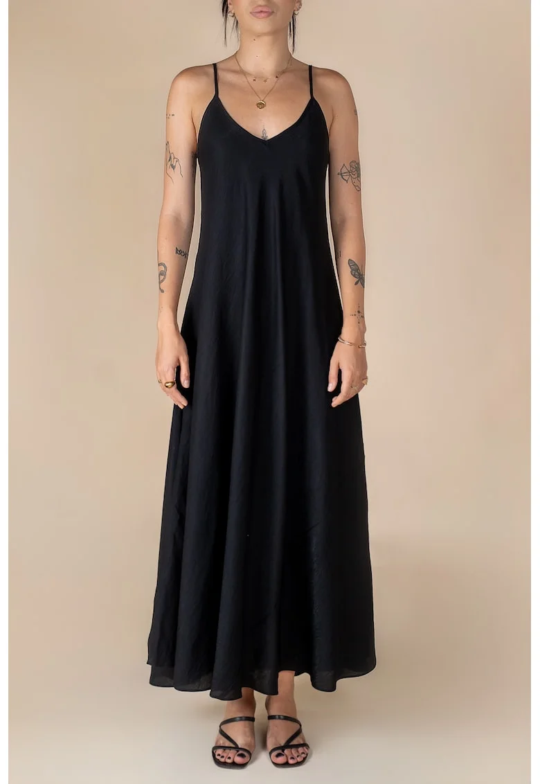 Rochie lunga din amestesc de in, cu croiala in A, Negru