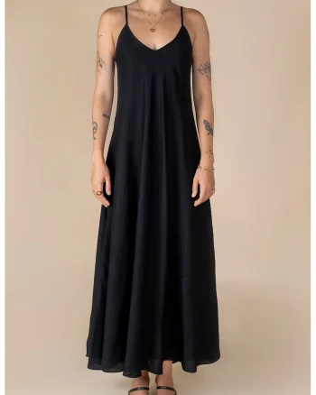 Rochie lunga din amestesc de in, cu croiala in A, Negru